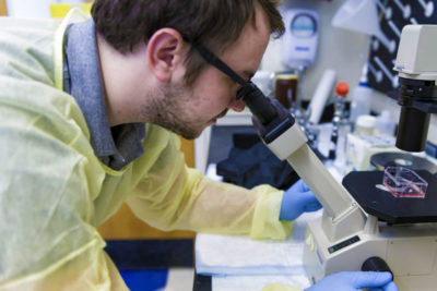 Scientist using a microscope